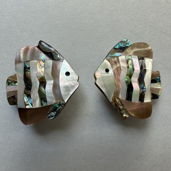 Vintage shell earrings Fish Clip On Mother Of Pearl - Picture 2 of 5